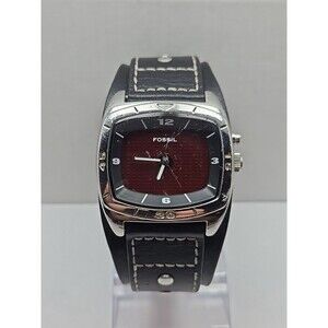 Fossil Kaleido Big Tic AM3696 Mens Watch Black Red Dial Cuff Leather New Battery